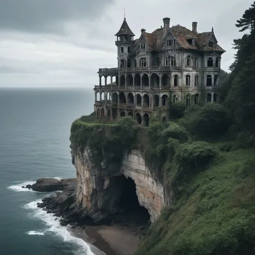Prompt: A creepy dilapidated Manor overlooking a cliff and ocean surrounded by forest