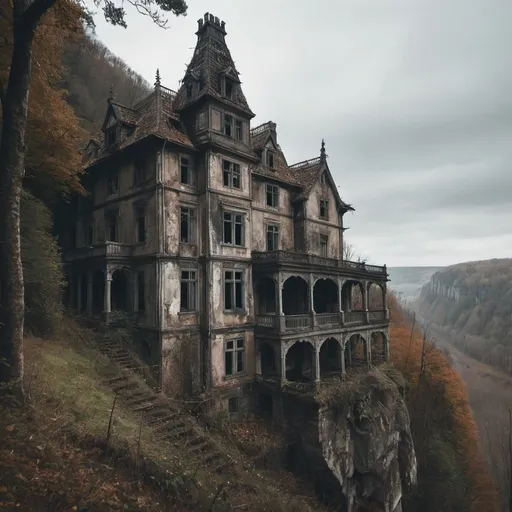 Prompt: A creepy dilapidated Manor overlooking a cliff surrounded by forest