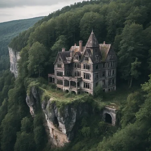 Prompt: A creepy dilapidated Manor overlooking a cliff surrounded by forest