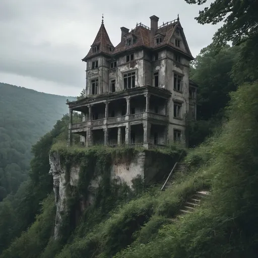 Prompt: A creepy dilapidated Manor overlooking a cliff surrounded by forest
