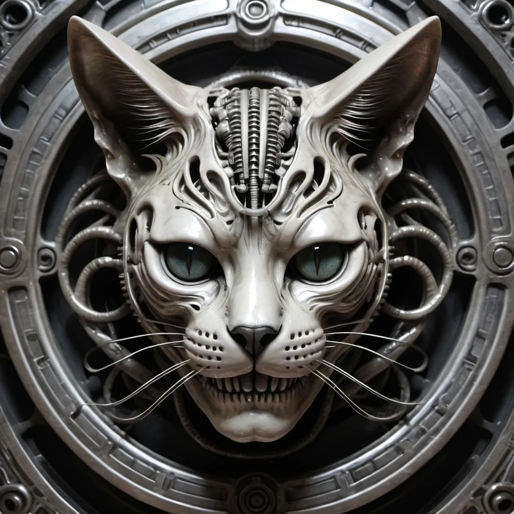 Prompt: H.R. Giger styled (metallic cat head, half skull), (organic appearance), (patina), living fabric intertwined, centered within (an organic circle), on a bright white background, (dark contrast), intricate details of machinery and biology, surreal and haunting ambiance, reminiscent of biomechanical art, ultra-detailed, 4K, modern interpretation of Giger's aesthetic.