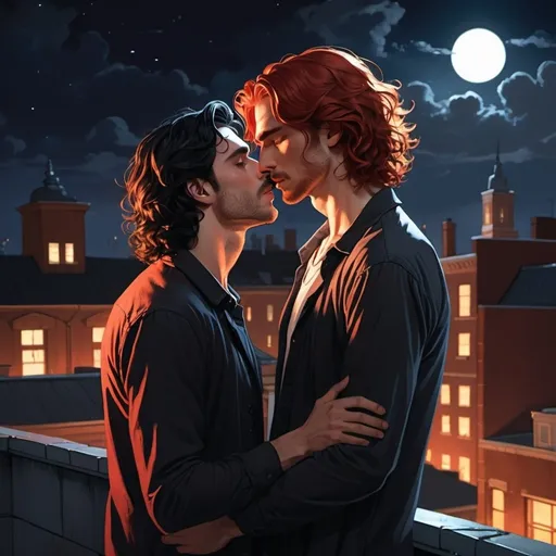 Prompt: illustration, rooftop, young white black-haired man with shoulder-length wavy hair with a tall, red-haired man, kissing, at night, dramatic lighting