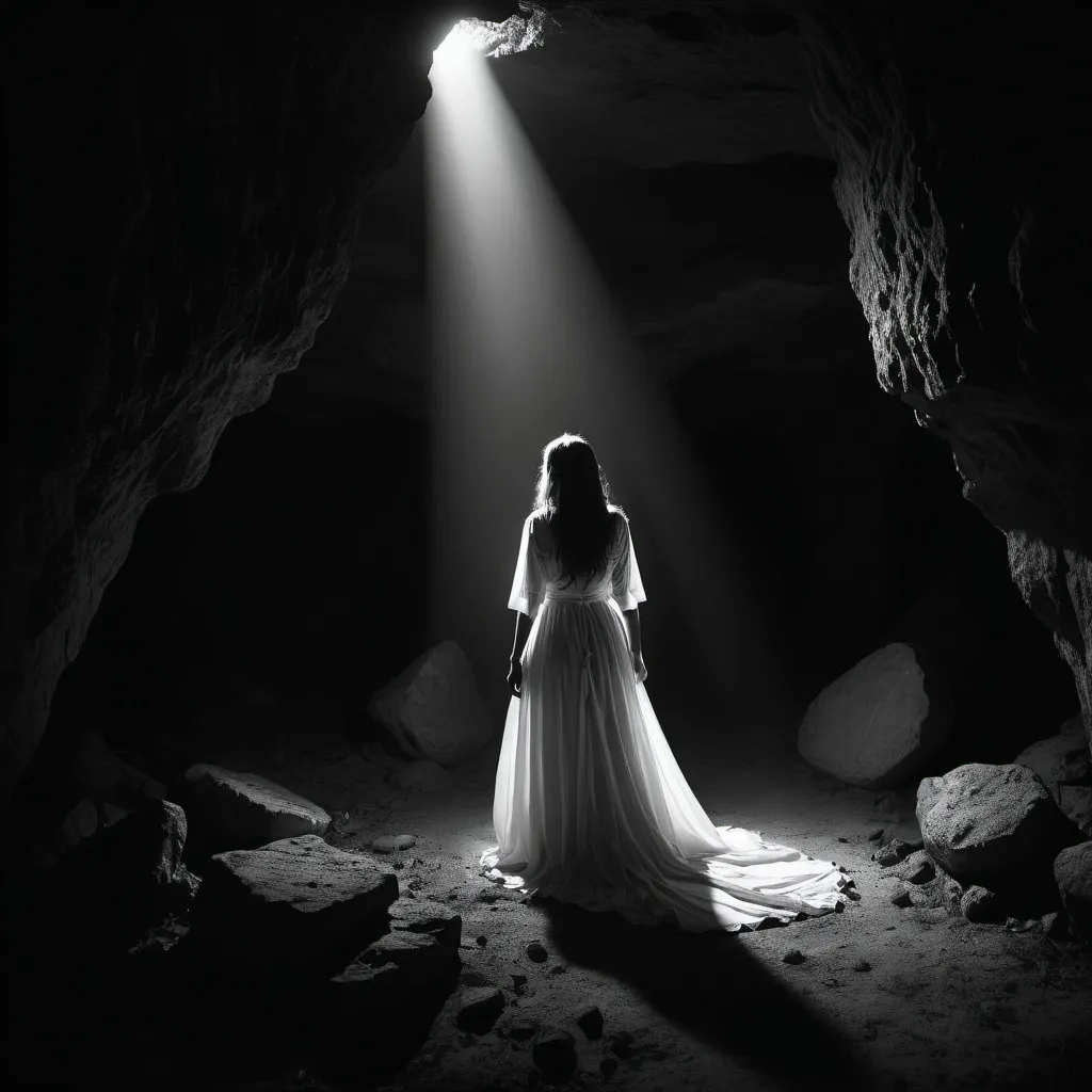 Prompt: dramatic dark atmosphere, witch in a white dress, satanic ritual, cave setting, dim lighting, dramatic, cinematic, depth, black and white noir coloring, 