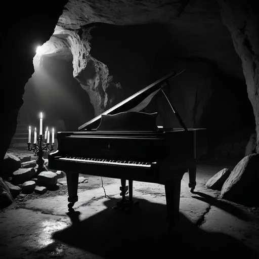 Prompt: close up, dramatic dark atmosphere, lone piano in center, satanic ritual, candles in background, cave setting, dim lighting, dramatic, cinematic, depth, black and white noir coloring, 