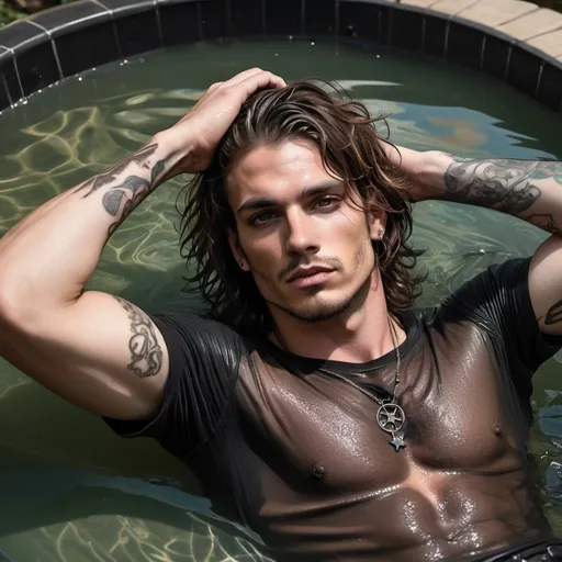 Prompt: rock star, 30 year old man with wavy shoulder-length brown hair, stubble, dark green eyes, posing,  illustration, gothic punk clothing, muscular,  sleepy,  tattoos, laying back in pool water, wet hair