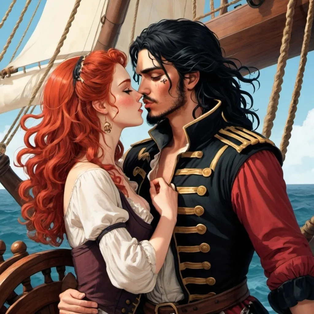 Prompt: illustration of pirates on ship, young man with wavy shoulder-length black hair kissing a taller man with red hair, stubble, 2D, full body