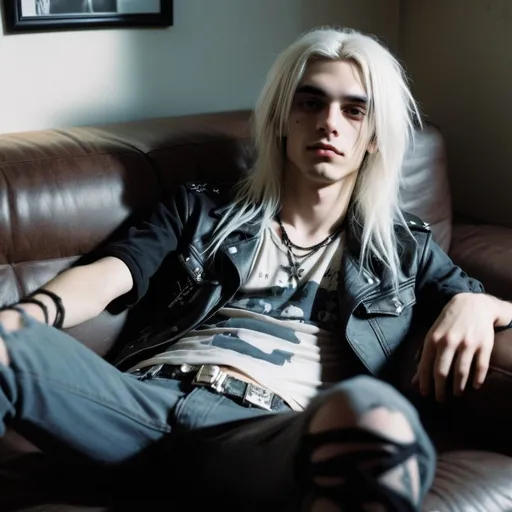 Prompt: polaroid photo,soft lighting,photo realistic, cinematic,  rock star, skinny 20 year old boy with long white hair, black streaks in hair, grey eyes,  entire body, punk gothy clothing, on sofa lounging relaxing