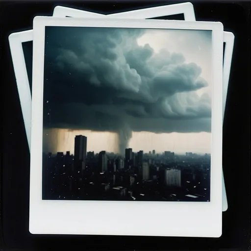 Prompt: Polaroid FujiFilm instant photo quality,  Hear the sound of the falling rain coming down like an Armageddon flame