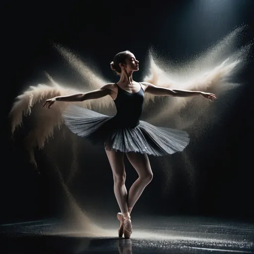 Prompt: ballet contemporary, rain, water droplets coming down like wings, full body dancing like ballet , dynamic movement, side angle, Superia X-TRA 400 film still, portrait of gothic ballerina dancer freely dancing in black studio with dust particles in air. In the style of dramatic documentary portrait photography,