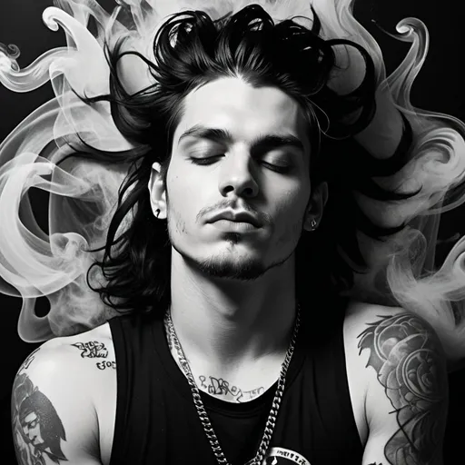 Prompt: album cover, overhead shot, dreamy, hazy, unconscious, eyes closed, surreal, soft lighting, black and white, sleeping 25 year old rock star man with wavy long black hair, stubble, punk gothy, tattoos, blue eyes, 25 year old, punky gothy, wet hair, long flowing hair, cigarette smoke