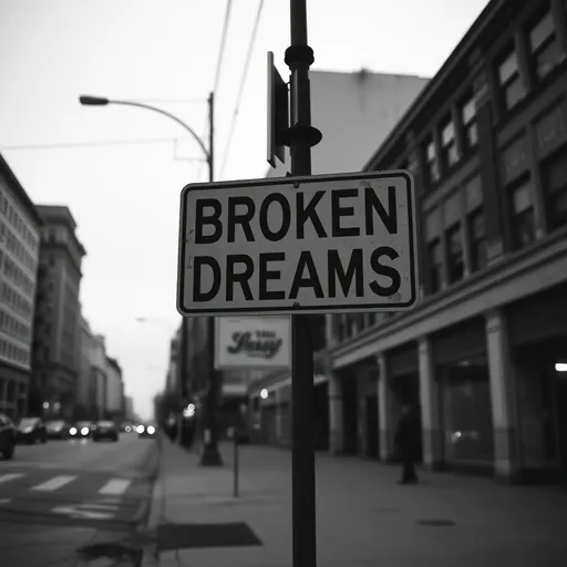 Prompt: off center, to the side boulevard of broken dreams sign on city street, in black and white, surreal photography