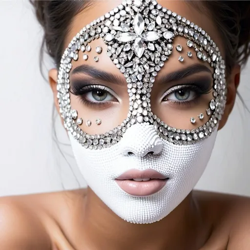 Prompt: rhinestones all over skin, white rhinestones covering face