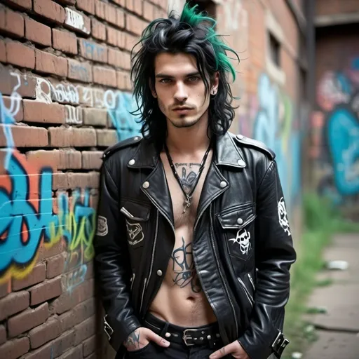 Prompt: rock star man with wavy shoulder-length dark green streaks in black hair, stubble, blue eyes, 25 year old, entire body, punk gothy clothing, messy half up hair, smoking cigarette, leaning on alley brick wall with graffiti