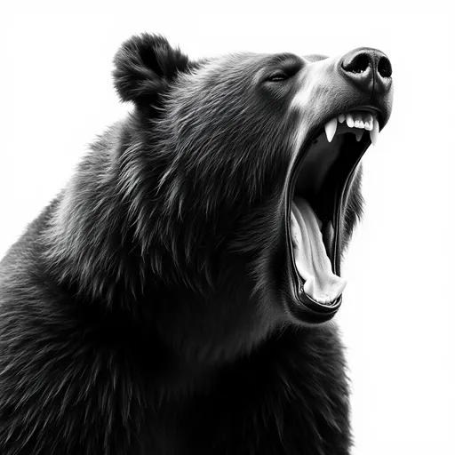 Prompt: in black and white, grizzly bear side profile close up, roaring against white backdrop