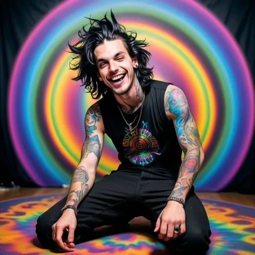 Prompt: rockstar man dreaming with wavy shoulder-length black hair, stubble, blue eyes, 25 year old, entire body, tripping on acid, colorful, kaleidiscope, illustrated, vortex,  angled photo, hallucinating, gothic punk clothing, tattoos, full body, hazy background, trippy background, on floor, happy, laughing