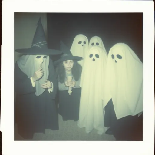 Prompt: Fuji film instant photo, vintages witches playing with ghosts