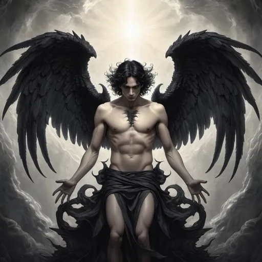 Prompt: illustration, as above so below, fallen angel male lucifer, wavy shoulder length black hair, with demon wings horizontal mirrored image, gothic, gustave dore style, hellfire