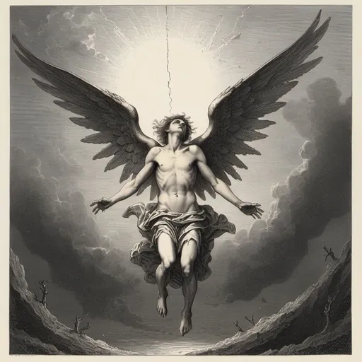 Prompt: angel falling from sky, broken demon wings, injured, Gustave Dore style