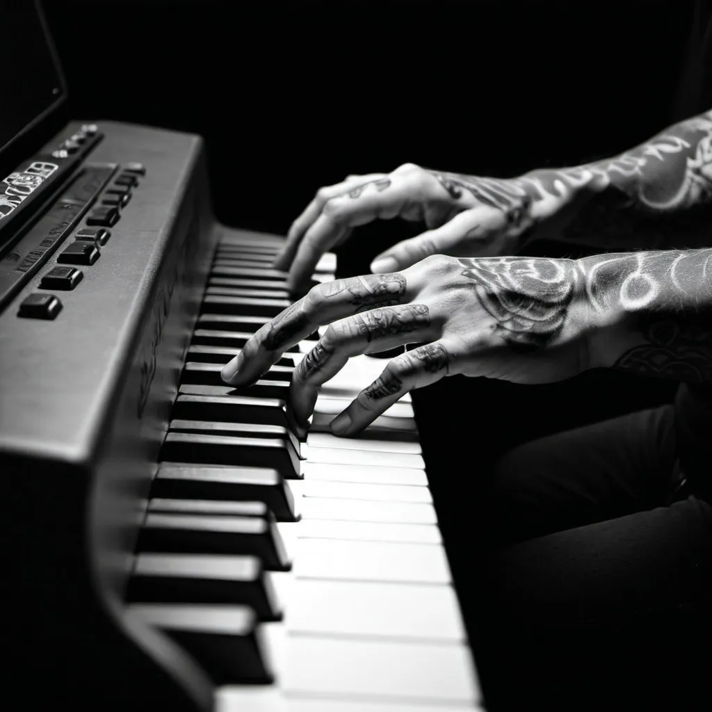 Prompt: tattooed hands playing keyboard, dark black and white, black background