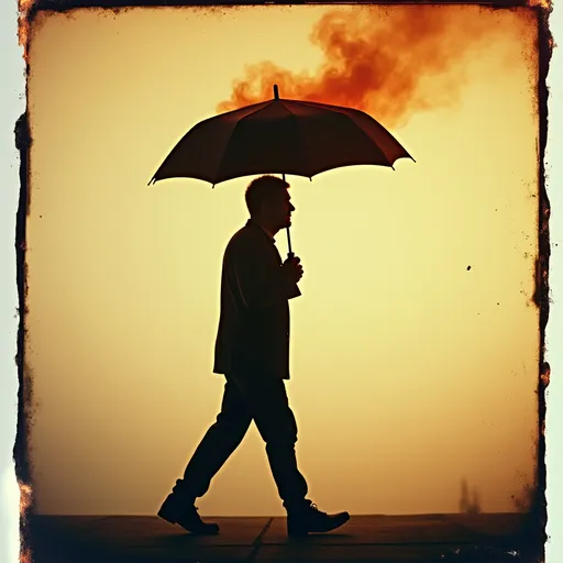 Prompt: Fuji film, Polaroid quality with burnt edges. Side profile photograph silhouette of a man walking with an umbrella. The umbrella is on fire