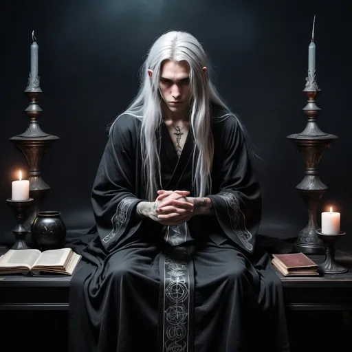 Prompt: depressing vibe full body, skinny male 20 year old with long silver hair, fancy black robes, tattoos, grey eyes, in dark room with grimoire