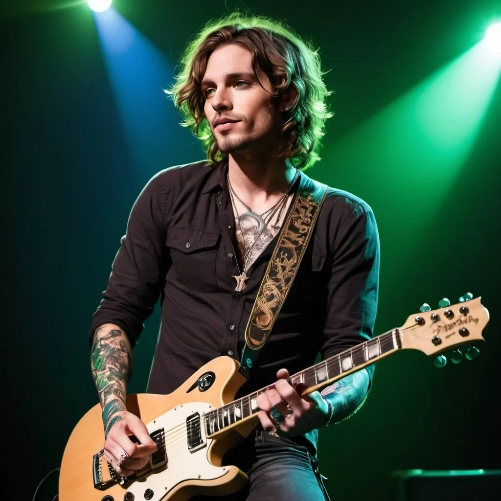 Prompt: rock star, 30 year old man with wavy shoulder-length brown hair, stubble, green-eyes, posing,  illustration,  tattoos, playing guitar on stage, blue lighting, rockstar pose