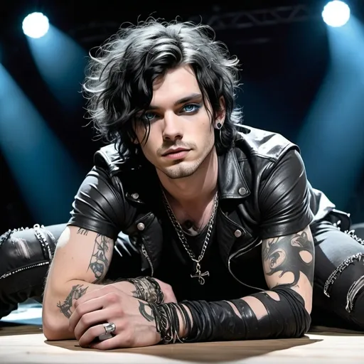 Prompt: rock star singer, man with wavy shoulder-length black hair, stubble, blue eyes, 25 year old, laying down on stage, entire body, punk gothy clothing, illustration