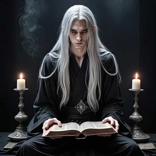 Prompt: depressing vibe full body, skinny male 20 year old with long silver hair, fancy black robes, grey eyes, in dark room with grimoire