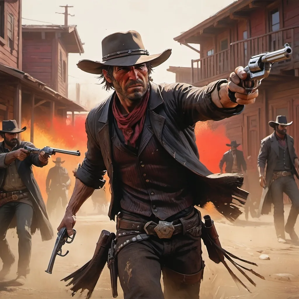 Prompt: Intricate dynamic action shot of cowboy in a (shootout), cinematic Steve Henderson Fabian Perez Henry Asencio Jeremy Mann Marc Simonetti Fantasy, red dead redemption 2 atmosphere, cinematic, #photograph

