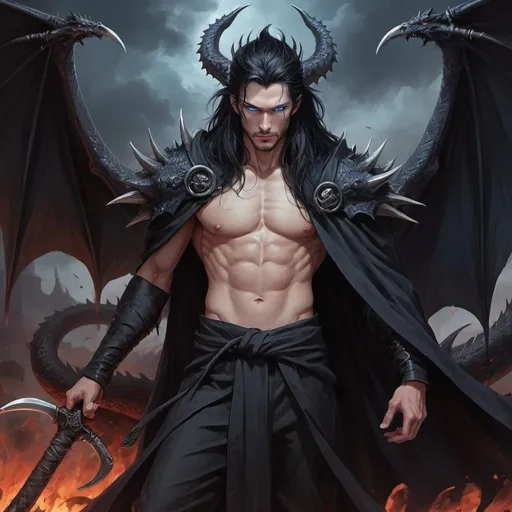 Prompt: young man with long black hair, blue eyes, stubble, spiky black crown, shorter face, evil english dragon, black colors, hellscape background, holding large scythe, robes all over body, fully clothed