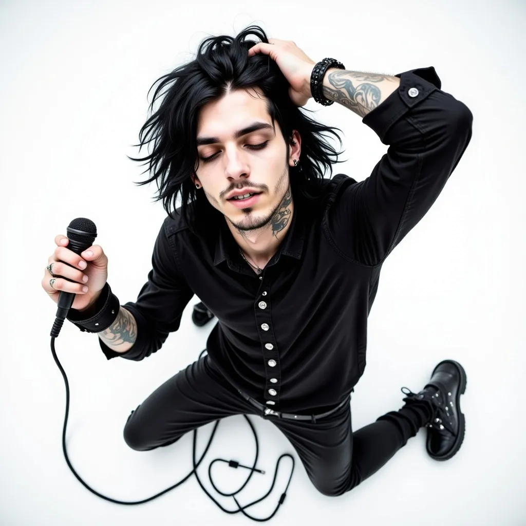 Prompt: from above birds eye, young 25 year old rockstar male with wavy long shoulder length black hair, stubble, eyes closed, dancing with microphone, movement, dancing, microphone cord tangled at his feet, gothic punky style, white background, eyes closed, stretching and arms behind head