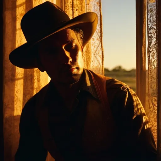 Prompt: noise, sunset lighting filtering through window, 1800s, cowboy bathing, wearing cowboy hat tipped over shadowed face, painting, brush strokes