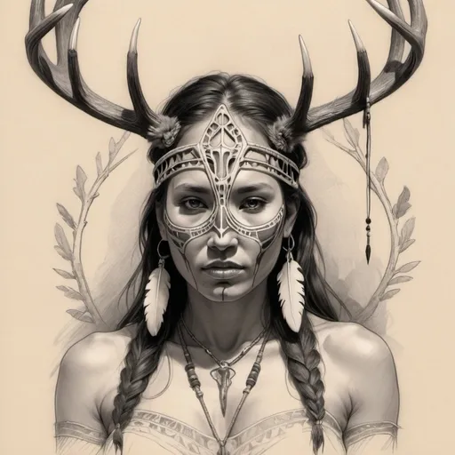 Prompt: rough pencil sketch, ritualistic pose, native woman behind elk skull mask