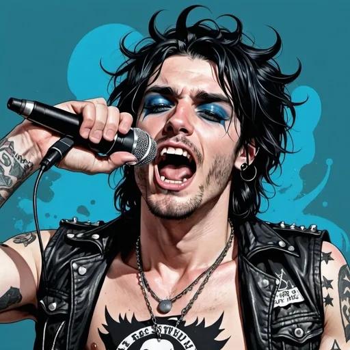 Prompt: rock star laying on his back, singing into microphone, man with wavy shoulder-length black hair, stubble, blue eyes, 25 year old, entire body, punk gothy clothing, illustration, sweaty
