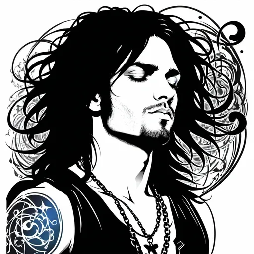 Prompt: stencil black and white, illustrated 20 year old rockstar man with long wavy shoulder length black hair, blue eyes, stubble, gothic punky style and tattoos, art poster style, side angle, hair flowing, eyes closed, breathing deep, music notes flowing,