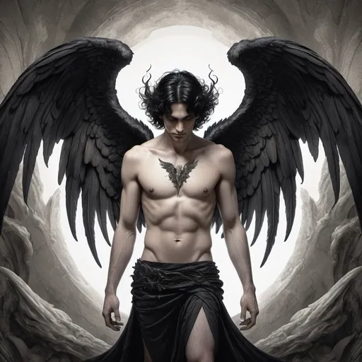 Prompt: illustration, as above so below, fallen angel male lucifer, wavy shoulder length black hair, with demon wings horizontal mirrored image, gothic, gustave dore style