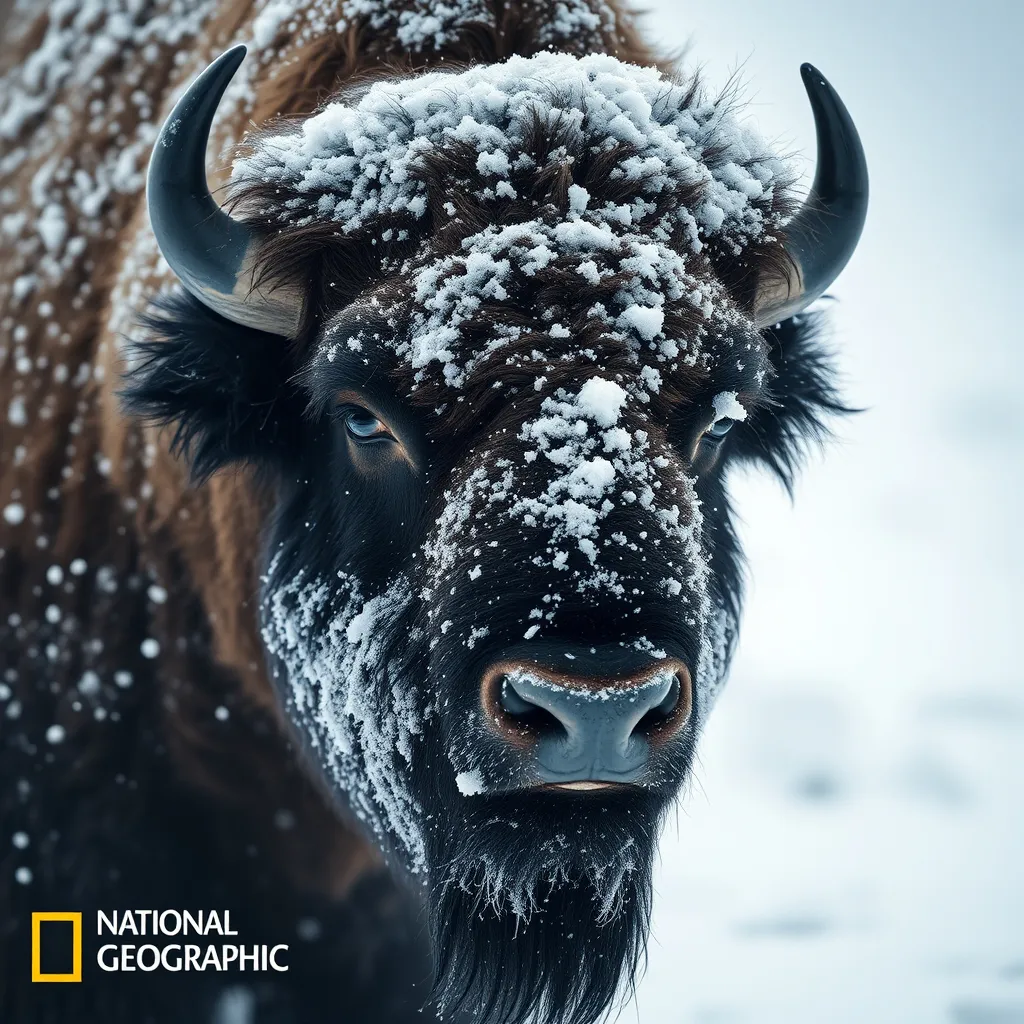 Prompt: cool tones color palette, close up of a bison covered in snow, wind is blowing heavily, national geographic photo