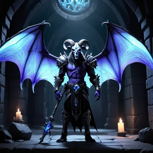 Prompt: Eldrich charr, Elder Scrolls style, realism, humanoid being with tiger skull and ram horns, standing bipedal with glowing blue and violet bioluminescent black bony bat wings, dark atmosphere, castle dungeon backdrop