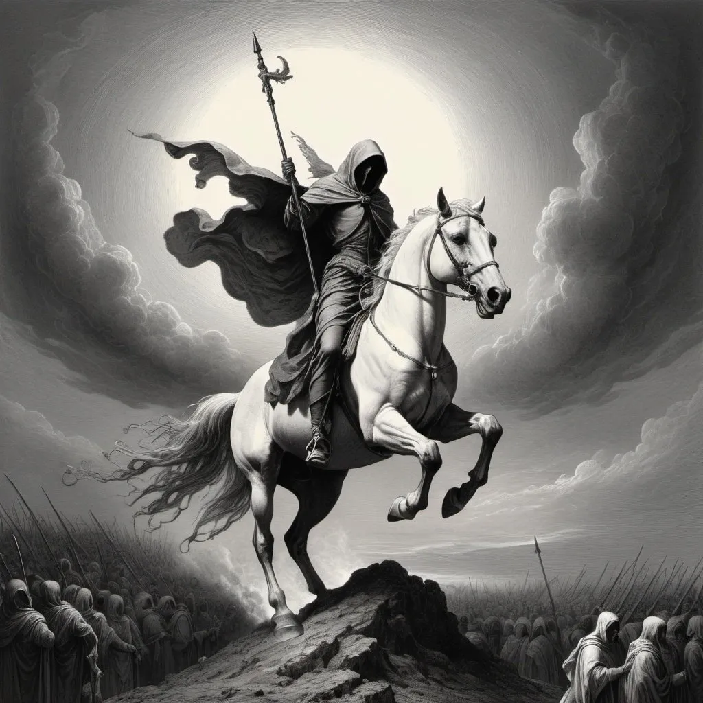 Prompt: Reaper on a white horse, Gustave Dore style, thousands of swarming souls in the air, 
