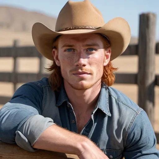 Prompt: 25 year old strong cowboy, wavy shoulder-length red hair, blue eyes, stubble, freckles, cowboy hat, working on fence