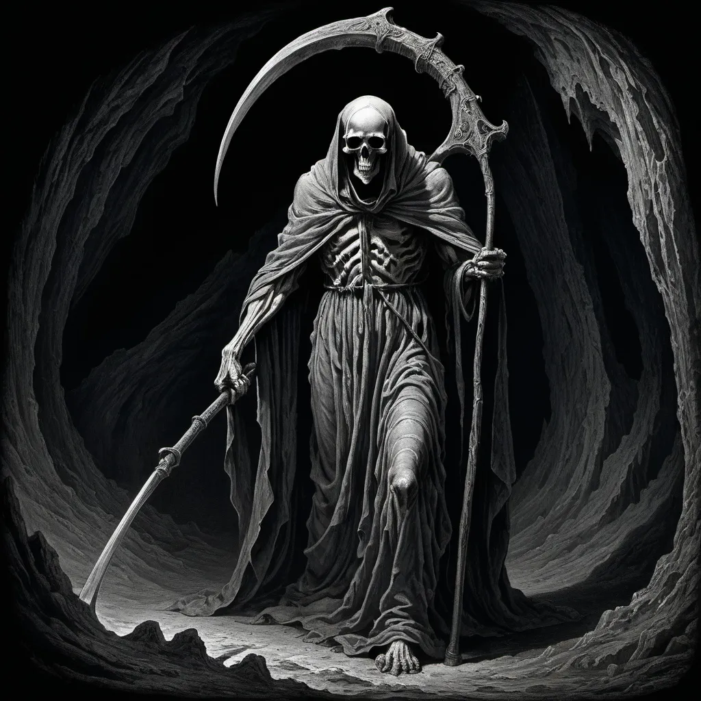 Prompt: Giant monstrous, crippled Reaper, long flowing robes, carrying scythe, black background barely lit by caverns, Gustave Dore style