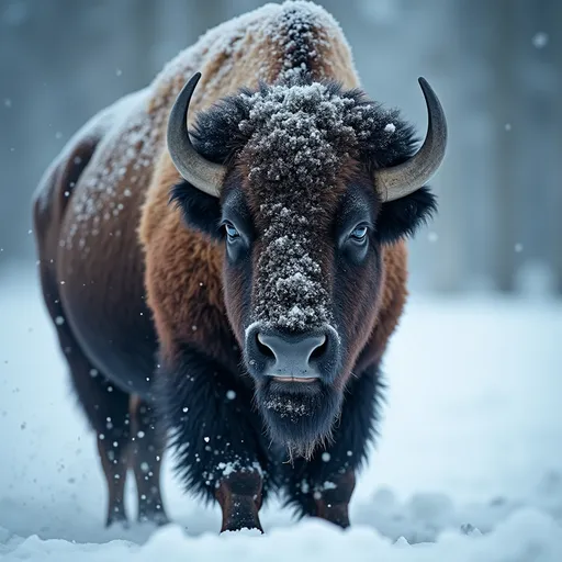 Prompt: cool tones color palette, close up of a bison covered in snow, wind is blowing heavily, national geographic photo