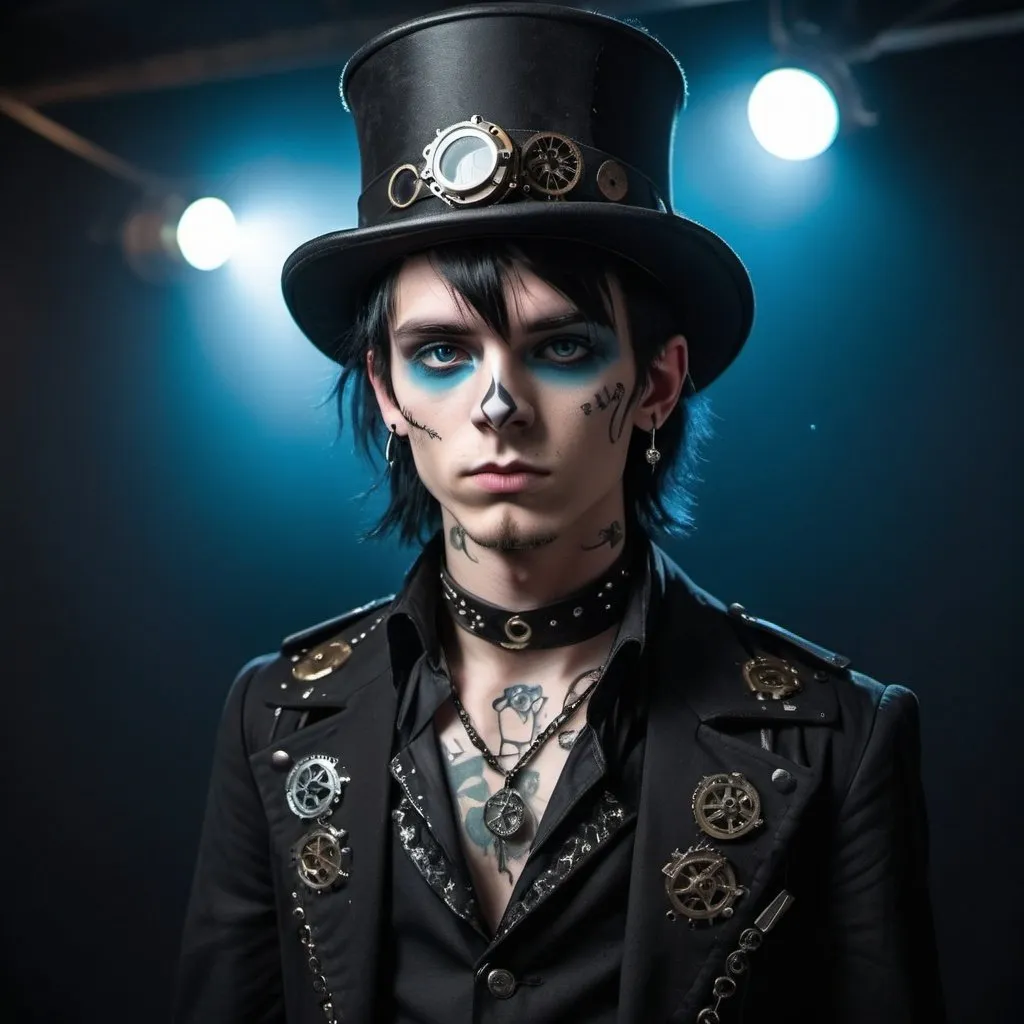 Prompt: dramatic dark lighting, high contrast, rock star, skinny 18 year old boy with black modern mullet, blue eyes, piercings tattoos, steampunk hat, circus outfit, entire body, punk gothy clothing, circus background, ringleader outfit, steampunk outfit,  skeleton makeup