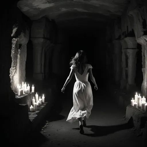 Prompt: dramatic dark atmosphere, night time, woman in white dress running through catacombs, satanic ritual, candles in background, cave setting, dim lighting, dramatic, cinematic, depth, black and white noir coloring, 