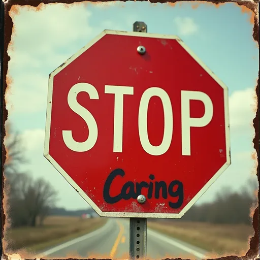 Prompt: Fuji film, Polaroid quality with burnt edges. Photograph of a red STOP sign with the word "Caring" spray painted underneath it