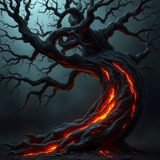 Prompt: fantasy, twisted black tree with glowing lava cracks in the trunk and limbs, thick trunk, , photo realism