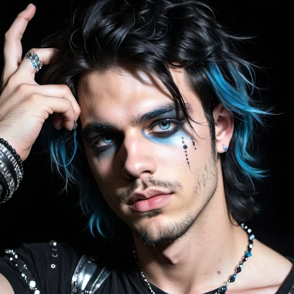 Prompt: arms above head, eyes closed, closed eyes, touching face, tired eyes, exhausted, modeling makeup, various angles, photoshoot, rhinestones makeup on face on man with eyeliner, 25 years old rockstar man, messy long wavy shoulder length black hair, blue eyes, stubble, gothic punky style, rhinestones, soft lighting, black background