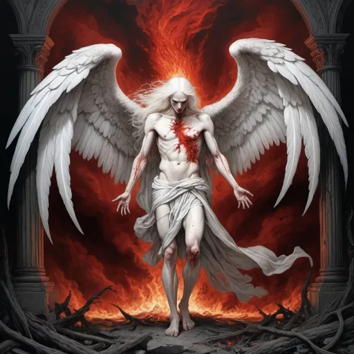 Prompt: full body, gothic illustration as above so below, fallen angel albino man with long white hair, broken and injured wings, gothic, gustave dore style, hellfire, red fire,