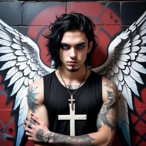 Prompt:  25 year old rockstar man with eyeliner, stubble, doing crucifix pose, with wavy shoulder length black hair, stubble, blue eyes, gothic punk style, leaning against mural with crucifix and angel wings, dark lighting, tattoos