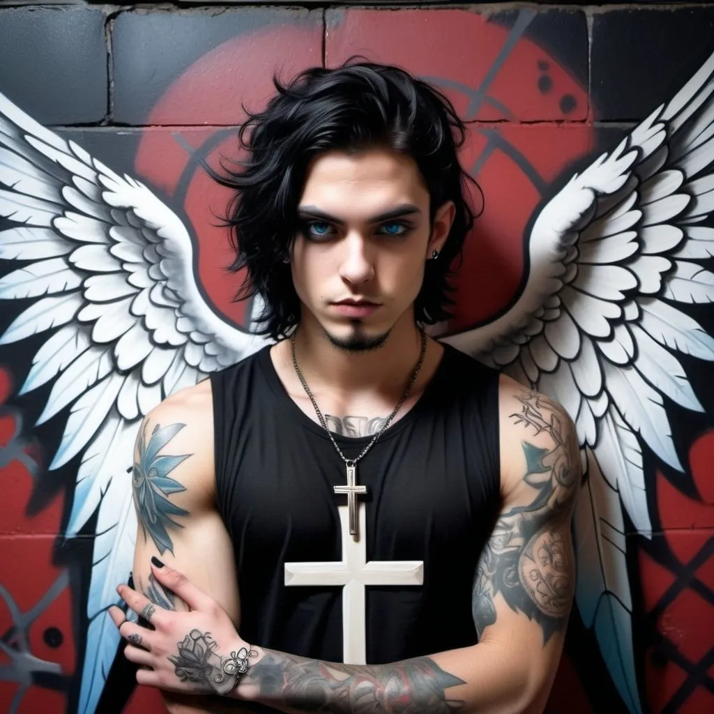 Prompt:  25 year old rockstar man with eyeliner, stubble, doing crucifix pose, with wavy shoulder length black hair, stubble, blue eyes, gothic punk style, leaning against mural with crucifix and angel wings, dark lighting, tattoos